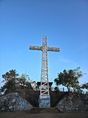 The cross on morning top view of the Coron city, Busuanga, Philippines. Mountain Tapyas