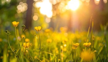 Sunlight streams through meadow, illuminating yellow wildflowers and lush green grass