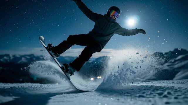 Snowboarder shows skills in snow while night skiing on mountain slopes with bright moon in the background
