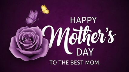 Happy mother's day greeting card with purple rose and butterflies on a dark background