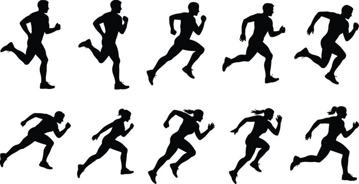Running silhouette set with ten dynamic male and female sprint poses for sports, animation, and motion analysis themes.