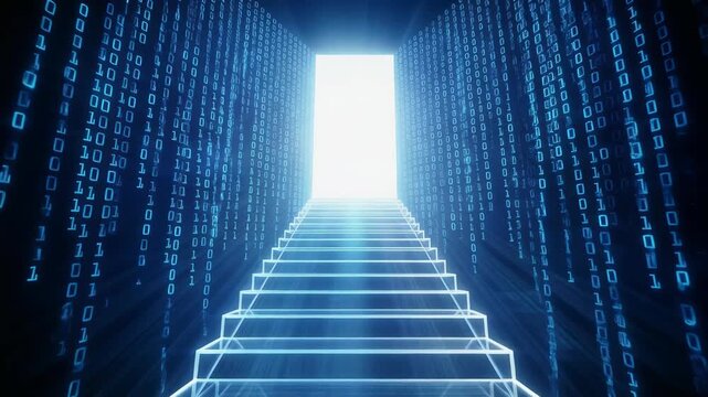 Futuristic digital stairs leading to a glowing portal, symbolizing technology and innovation