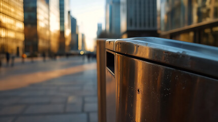 Urban Reflections: A polished metal trash receptacle catches the light in a bustling city scene, with blurred figures and towering buildings bathed in sunlight.