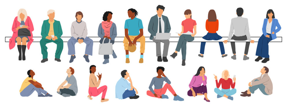 People sitting, men, women and teenagers sitting on a bench, different colors, cartoon character, silhouettes of business people, students, the design concept of flat icon, isolated on white backgroun