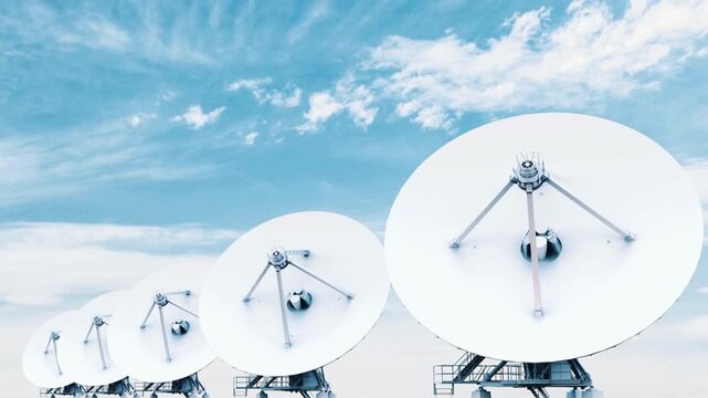 Row of white parabolic satellite dishes extends towards a bright azure sky, signaling distant comms!