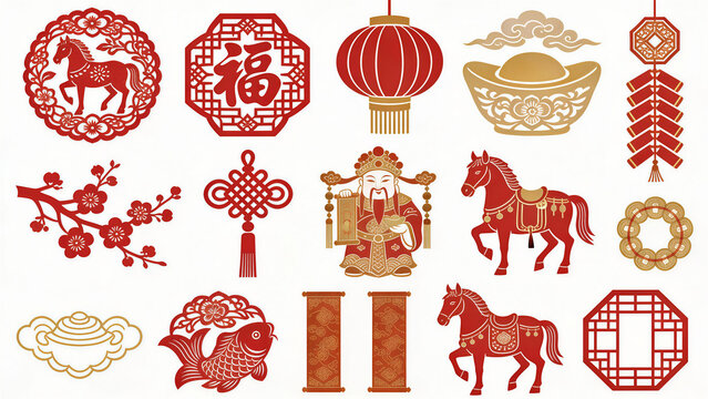Traditional Chinese New Year Red and Gold Elements with God of Wealth and Zodiac Horse