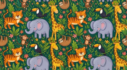 Vibrant jungle animals pattern with cartoon elephants, tigers, giraffes