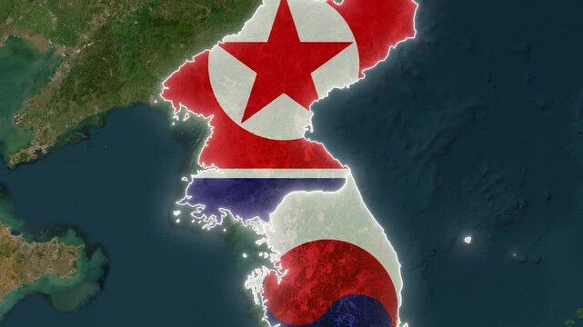 North and south korea flag superimposed on a satellite view of the korean peninsula
