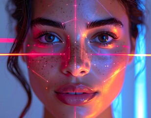 A close-up portrait of a woman's face, illuminated by neon lights creating a futuristic, grid-like overlay
