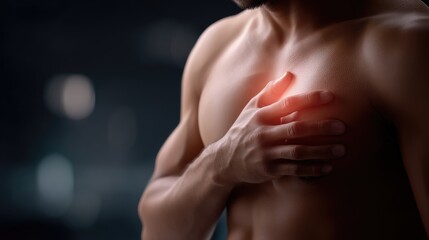 Man holds chest in pain, showing signs of discomfort and heart issues in a close-up view, emphasizing urgency and health concerns