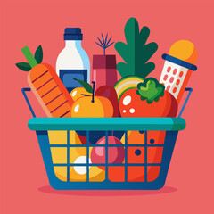 Vector flat design of a shopping basket packed with fresh food items. Great for supermarket, grocery shopping, and consumer goods visuals.