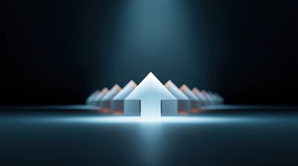 Directional arrows symbolize progress and forward thinking against a dark background, representing innovation, motivation, and leadership in a dynamic world.