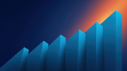 Blue geometric shapes forming an ascending staircase against a gradient background of dark blue and orange depicting growth and progress in business