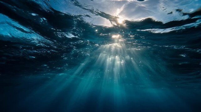 Tranquil, serene underwater scene looking up at deep blue ocean. Bright sunlight and beautiful sunbeam pierce waters surface, hopeful and peaceful background