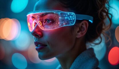A woman wearing futuristic smart glasses featuring a digital holographic interface.