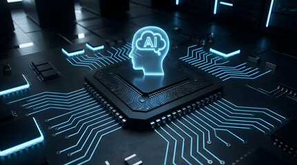 Artificial intelligence concept with glowing blue circuit board and human head icon