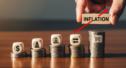 Rising inflation concept with wooden blocks and coins