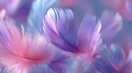Soft floating pastel feathers in motion, dreamy airy background in pink blue and violet colors, delicate light feather texture close up
