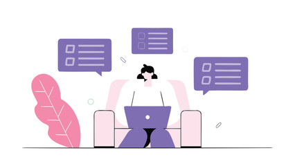 Person seated comfortably on sofa working on laptop with speech bubbles around, relaxed atmosphere, modern minimalist style, front facing