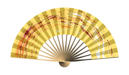 Traditional Asian hand fan with yellow striped background and expressive red-orange brushstroke accents, blending culture and abstract art.