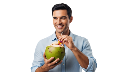A smiling man enjoying a refreshing coconut drink on transparent background