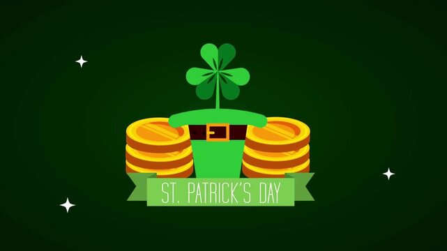 Vibrant green scene with shamrock atop gleaming gold-coin belt and a bold St. Patrick's Day banner!!