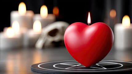 Heart-shaped object on a table surrounded by candles, skulls, and a pentagram in a dark room with red smoke filling the air