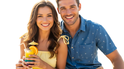 A happy couple enjoying a refreshing drink together on transparent background
