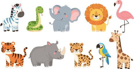 Cute safari and zoo animals set with zebra, elephant, lion, tiger, giraffe and birds, cartoon illustration © Sumon Creative