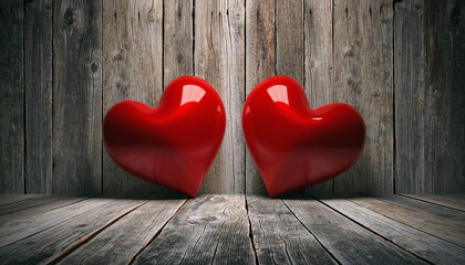 Two Red Hearts on Wooden Floor.