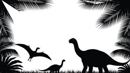 Black vector silhouettes of dinosaurs including a brachiosaurus and pterodactyl framed by tropical palm leaves and jungle grass on a white background. © Creative Mind