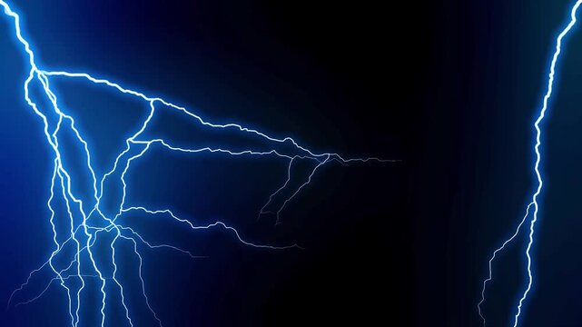 Two jagged blue lightning bolts arc inward from edges, converging over a deep black void, crackling