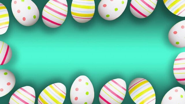 Colorful Easter eggs frame a teal gradient backdrop with stripes and polka dots. Bright pastel glow