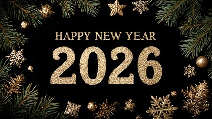 Elegant photo of Happy New Year 2026 Greeting Card with Gold Glitter Text and Festive Ornaments on Black Background