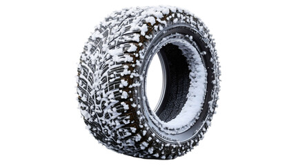 Winter car tire covered with snow isolated on white background, auto safety concept, cold weather wheel tread close-up, 3D illustration.