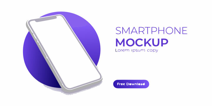 Isometric smartphone mockup presentation with purple abstract shapes and text