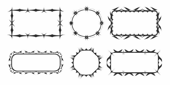 Collection of ornate black frames decorated with barbed wire designs