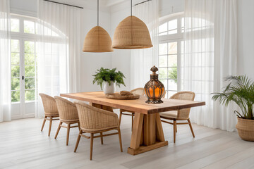 Fototapeta premium Elegant dining room with a rustic wooden table, comfortable woven chairs, and natural light streaming through arched windows, creating a serene atmosphere
