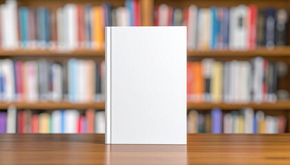 A white book standing on a wooden table in front of a blurred bookshelf background indoors.