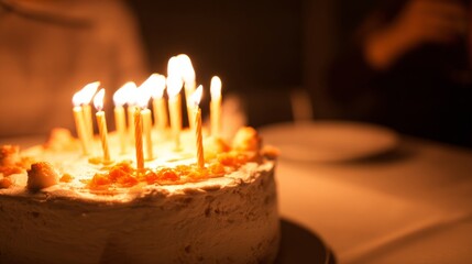 memory. Birthday cake with lit candles, creating a warm and celebratory atmosphere. symbolizing life milestones and joyful moments.
