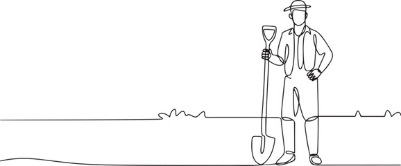 Continuous one line drawing of young male farmer pose standing on field and holding shovel . Professional job profession minimalist concept. one line Icon drawing © firoz