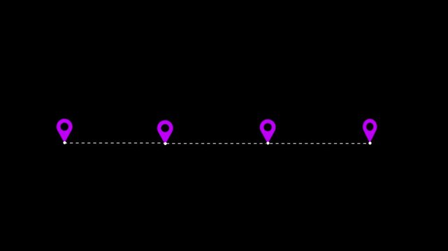 Glowing Location line map tracking icon location mark pointer video animated. 4location icon connected by animated on black background.
