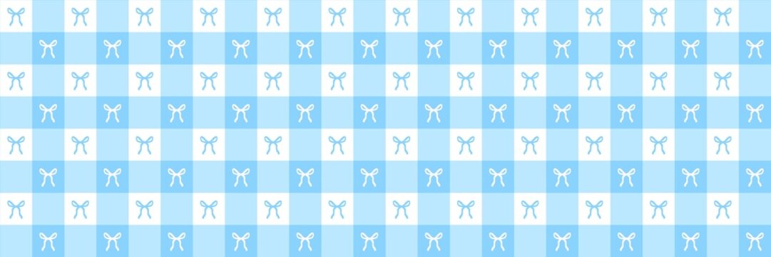 Blue gingham checkered seamless pattern with cute ribbons. Soft pastel baby blue and white buffalo plaid background for nursery, textile, scrapbooking, and feminine wallpaper design.