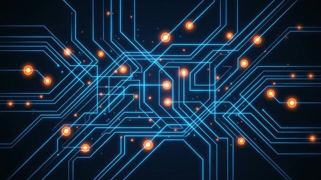 A digital circuit board design with blue lines and orange lights on a dark background.