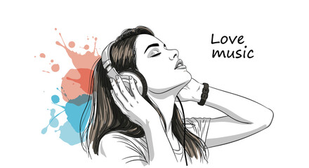Young woman with closed eyes wearing headphones and listening to music with abstract colorful paint splashes.