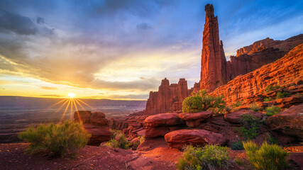 beautiful sunset at fisher towers in utah, usa