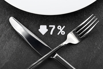 Plate with fork and knife on a dark stonetable, German tax in the restaurant industry will be reduced from 19% to 7% in 2026, concept image of german gastronomy tax