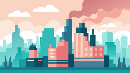 Naklejka premium Industrial cityscape with factory buildings and smoke air pollution in flat vector style