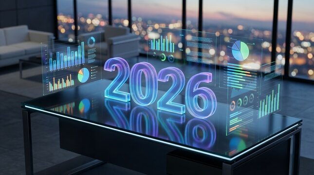Glowing 3D number 2026 with holographic data visualizations on a modern glass desk in a high-rise office setting, concept for business forecasting, annual planning and technology reports - Powered by Adobe