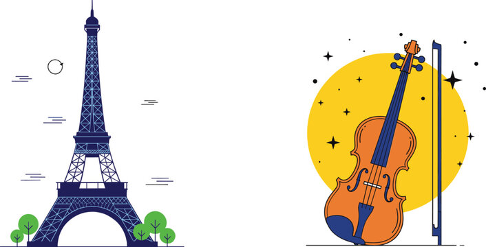 Eiffel Tower Paris landmark illustration paired with classical violin music concept in modern flat vector style